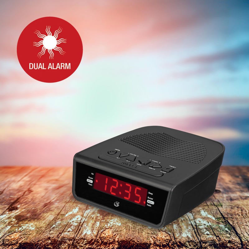 GPX C224B Dual Alarm Clock AM/FM Radio with Red LED Display (Black) - Image 2